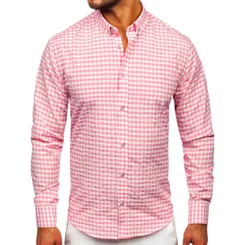 Pánská košile Růžová pánská kostkovaná vichy košile s dlouhým rukávem Bolf 22747 - 2XL