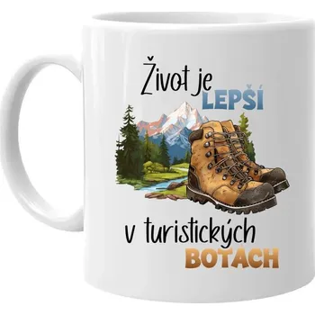 Žertovný předmět Život je lepší v turistických botách - hrnek s potiskem