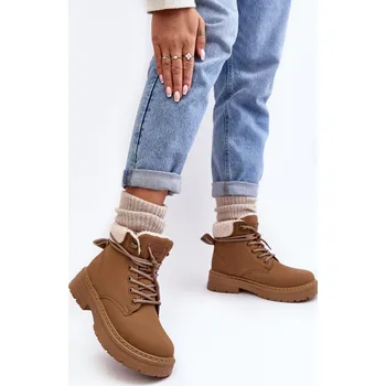 Dámské kozačky Dámské kožené trapery s kožíškem Lynnvia Barva: Béžová, Velikost: 39