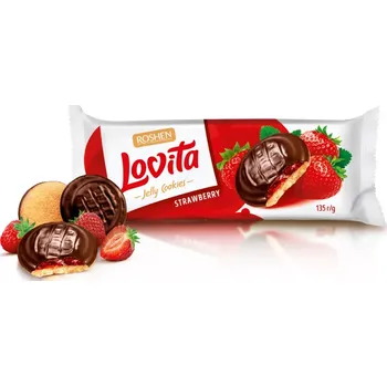 Piškoty ROSHEN LOVITA 135g jahodové (piškoty s želé s jahodovou příchutí polité čokoládou)