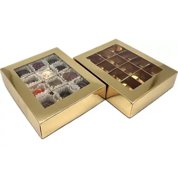 Dárková krabička Zlatá krabička na 12 pralinek s průhledným okénkem 17x13,5x4 cm