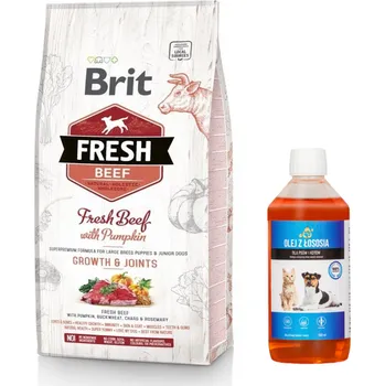 Volný čas Brit Fresh Beef & Pumpkin Puppy Large Growth & Joints 12kg + LAB V Lososový olej pro psy a kočky 500ml