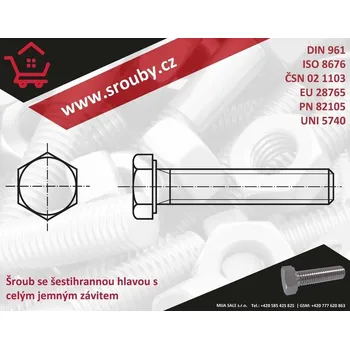 Šroub M14x1,5x 70 - DIN 961 - 10.9 - zinek bílý - Šrouby se šestihrannou hlavou jemný celý závit