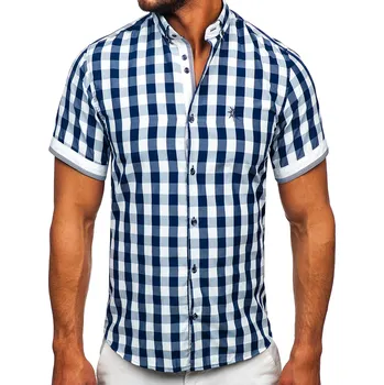 Pánská košile Tmavě modrá pánská kostkovaná košile s kratkým rukávem Bolf 4508 - 2XL