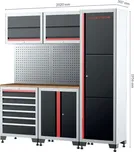 Dílenský nábytek, sestava - skříně, závěsné skříňky a děrovaná stěna - QUATROS QS17008