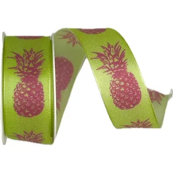 Stuha Stuha saténová zelená PINEAPPLE 25mm x 2,5m (8,-Kč/m) (Stuha saténová zelená potisk Ananas, jednostranný potisk, tvarově stálé hrany)