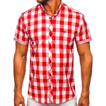 Pánská košile Červená pánská kostkovaná košile s krátkým rukávem Bolf 6522 - L