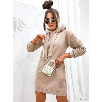 Dámské šaty Béžové dámské teplákové šaty s kapucí Bolf 725 - XL