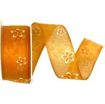 Stuha Stuha organzová FIORINO oranžová 25mm x 2m (11,50Kč/m) (Stuha organzová, oboulící, potisk, s drátkem)