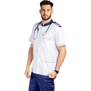 Zdravotnický oděv Bílý lékařský plášť pro muže s námořnicky modrým tunikovým límcem, nárameníky a třemi kapsami