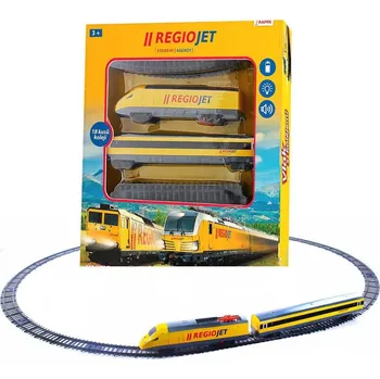 Vláček a vláčkodráha Vlak žlutý RegioJet Student Agency set dráha s lokomotivou a vagonem Světlo Zvuk