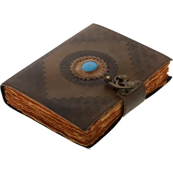 Karnevalový kostým Leather Journals Kožený zápisník s reliéfními rostlinnými ornamenty a modrým přírodním kamenem