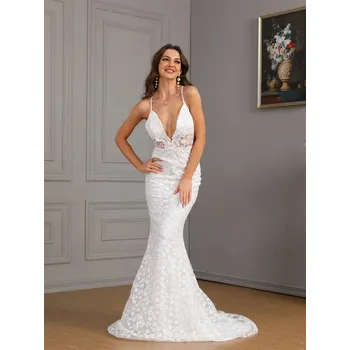 Dámské šaty Krajkové dlouhé společenské šaty s vlečkou - XL Barva: Bílá, Velikost: XL