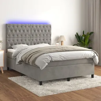 Postel vidaXL Box spring postel s matrací a LED 140x190 cm samet [3136300] Barva: světle šedá