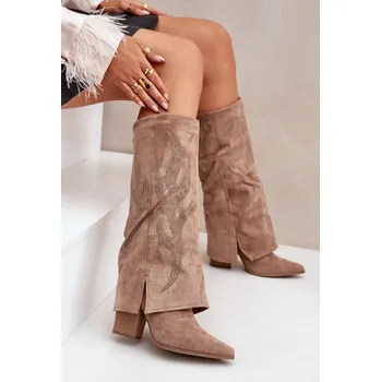 Dámské kozačky Zdobené Kozačky S Ohnutým Štítem Na Podpatku Ivilta Barva: Béžová, Velikost: 39