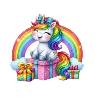 Nažehlovací obrázek - jednorožec s dárečky a duhou (8,0 x 7,3 cm)