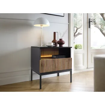 Noční stolek MOB Noční stolek Dernas S54 (černý grafit + dub wotan) (se žlutým LED osvětlením)