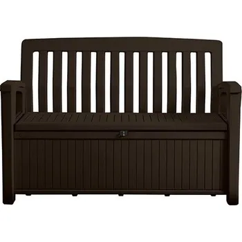 Zahradní lavice Venkovní plastová lavička na terasu / zahradu, úložný prostor, hnědá, 140 cm