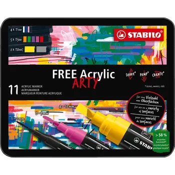 Popisovače STABILO FREE Acrylic základní sada - balení 11 barev - se 3 různými hroty 4x T100, 5x T300, 2x T800C