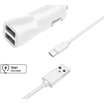 Mobilní telefon Set autonabíječky FIXED s 2xUSB výstupem a USB/USB-C kabelu, 1 metr, 15W Smart Rapid Charge, bílá