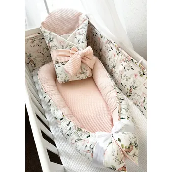 Příslušenství pro dětskou postel a kolébku Set do postýlky - růžový s jarní zahradou