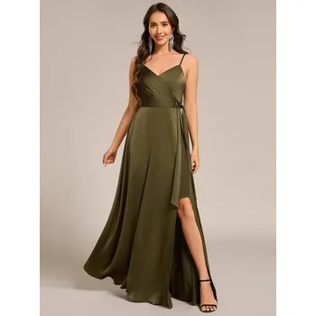 Dámské šaty Elegantní saténové šaty pro družičku na špagetová ramínka Barva: Olivová, Velikost: 3XL