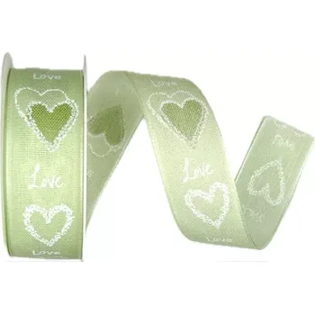 Stuha Stuha valentýnská LOVE PASTEL GREEN pastelově zelená 25mm x 2m (13,-Kč/m) (Stuha svatební, Valentýnská, taftová, pastelově zelená, jednostranný potisk, s vetkaným vlascem v obou okrajích)