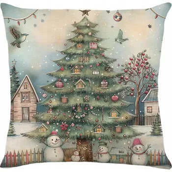 Povlak na polštářek Dekorační povlak na polštář s vánočním motivem - stromeček, domky, sněhuláci, 45x45 cm