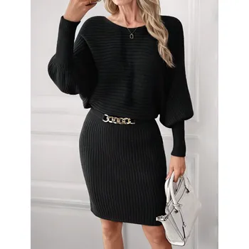 Dámské šaty Dámské svetrové šaty s páskem Barva: Černá, Velikostní tabulka: S