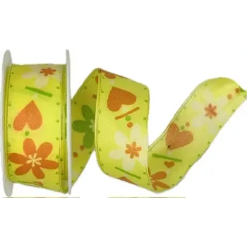 Stuha Stuha taftová SPRING BLOSSOM žlutá 25mm x 2m (10,-Kč/m) (Stuha taftová, oboustranný potisk, s drátkem)