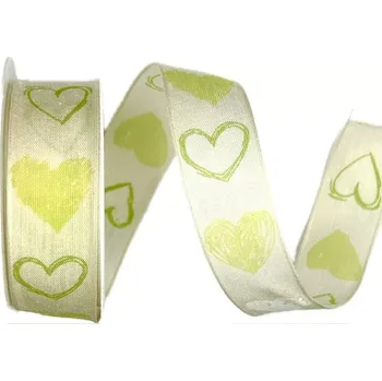 Stuha Stuha valentýnská GREEN HEART pastelově zelená 25mm x 2m (13,-Kč/m) (Stuha svatební, Valentýnská, bavlněná, pastelově zelená, jednostranný potisk, s vetkaným drátkem v obou okrajích)
