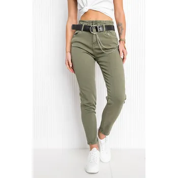Dámské kalhoty Khaki dámské džíny s vysokým pasem a páskem Bolf LA689 - XS