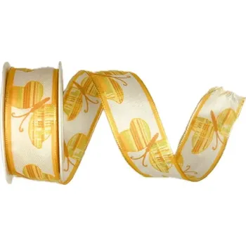 Stuha Stuha taftová SPRING BUTTERFLY oranžová 25mm x 2m (10,-Kč/m) (Stuha taftová, potisk oranžový motýl, oboustranná, s drátkem v lemu)