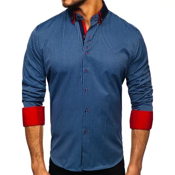 Pánská košile Tmavě modrá pánská proužkovaná košile s dlouhým rukávem Bolf 2751 - M