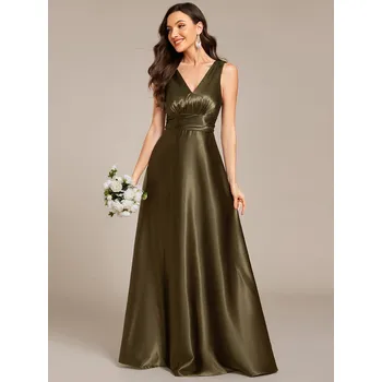 Dámské šaty Elegantní saténové šaty pro družičky s hlubokým výstřihem do V Barva: Olivová, Velikost: S