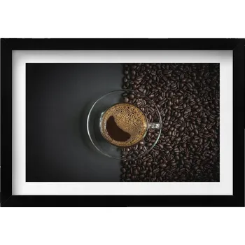 Obraz Dekorativní nástěnný obraz v černém rámu do pokoje Káva a zrnka 30x20 cm