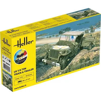 Plastikový model US 1/4 Ton Truck & Trailer - obsahuje barvy a lepidlo - Heller STARTER KIT 56997