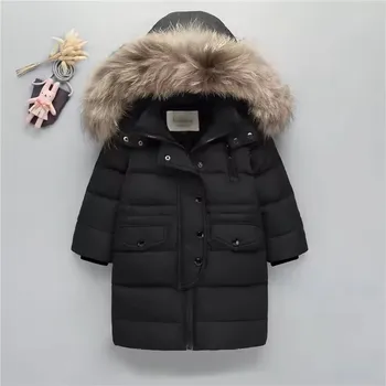 Dívčí oblečení Dětský zimní péřový kabát s mohutnou kožešinkou na kapuci Barva: Černá, Velikost: 140 (7-8 let)