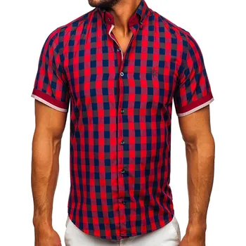 Pánská košile Vínová pánská kostkovaná košile s kratkým rukávem Bolf 4508 - M