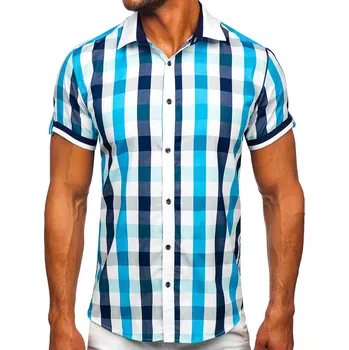 Pánská košile Tyrkysová pánská elegantní kostkovaná košile s krátkým rukávem Bolf 8901 - XL