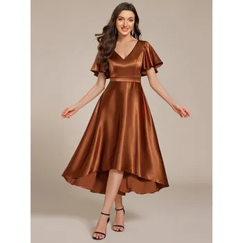 Dámské šaty Asymetrické saténové svatební šaty pro hosty Barva: Hnědá, Velikost: 7XL