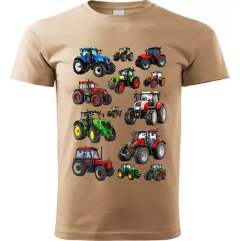 Pánské tričko Pánské tričko s traktorem mix traktorů béžové 3XL (tričko mix traktorů)