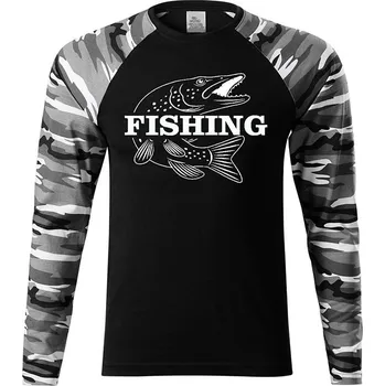 Rybářské Tričko Maskáč bílý dlouhý rukáv Štika