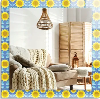 Zrcadlo Čtvercové dekorativní zrcadlo s motivem Slunečnice a listů, 60x60 cm, pro zavěšení na výšku nebo na šířku