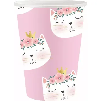 Karnevalová maska Párty kelímek Kočka s květinami 250 ml, sada 6 ks (Pohárek s kočkami)