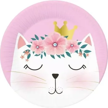 Karnevalová maska Párty tácky Kočka s květinami 18 cm, sada 6 ks (Talířek kočka, s kočkou)