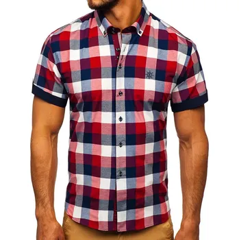 Pánská košile Vínová pánská kostkovaná košile s krátkým rukávem Bolf 5532 - M