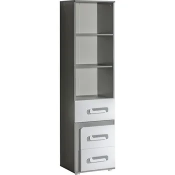 Knihovna APALUCHA 5- Regál vysoký 50 se šuplíky a poličkami (APETITO 5) - korpus šedá/dvířka bílá/úchyt bílošedá (DO) (K150-Z)