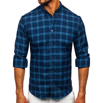 Pánská košile Tmavě modrá pánská kostkovaná košile s dlouhým rukávem Bolf 22749 - L