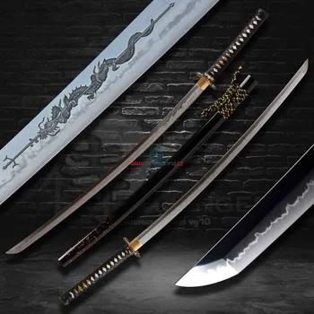 Replika zbraně katana dragon spear horimono T-10 Carbon Steel, Real Choji Clover-Tree Flower Hamon, Yokote